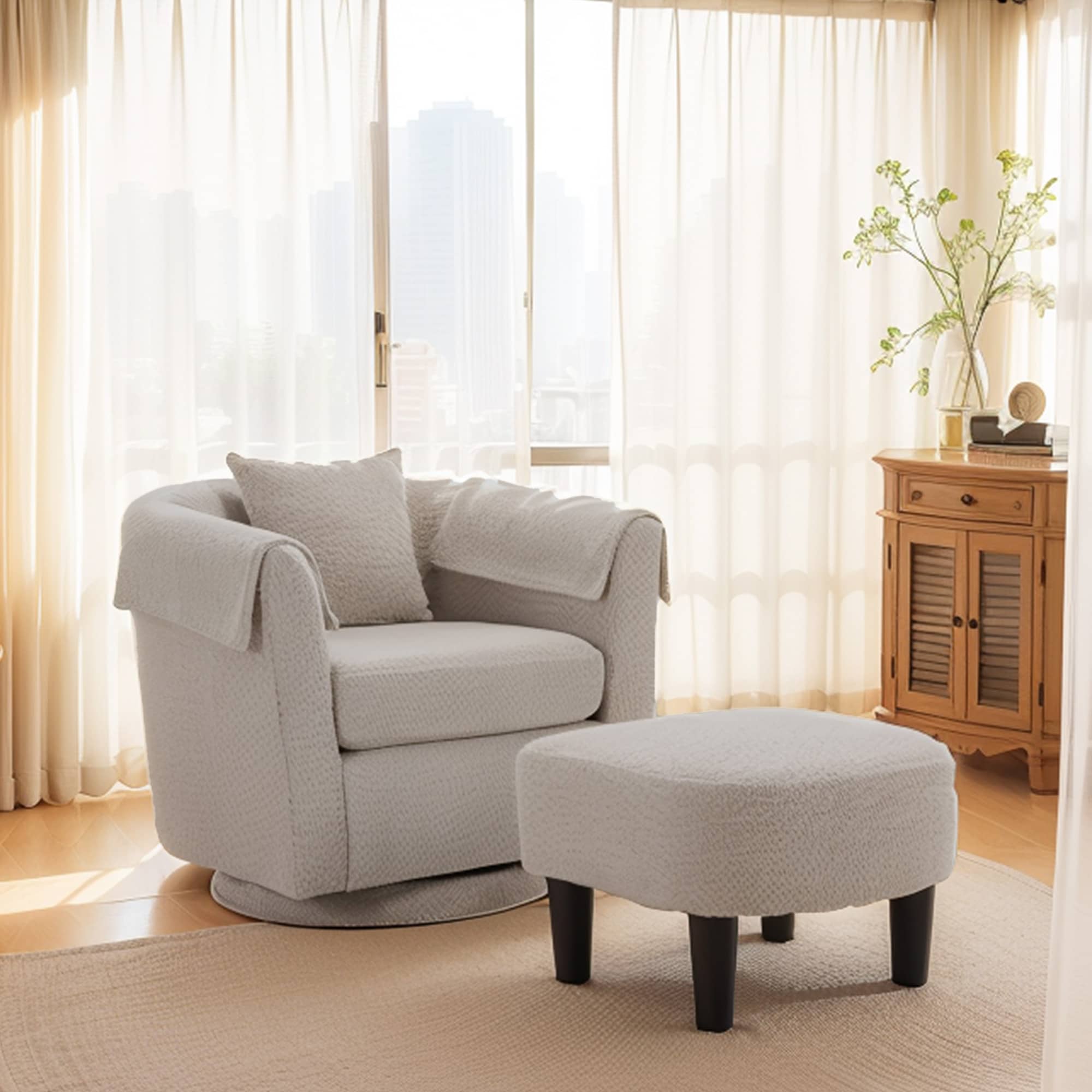 Swivel Accent Chair With Ottoman Set, Modern Chenille Barrel Armchair With Removable Back Pillow & 2 Armrest Covers For Living Room, Bedroom, Office, Gray_voghion.com